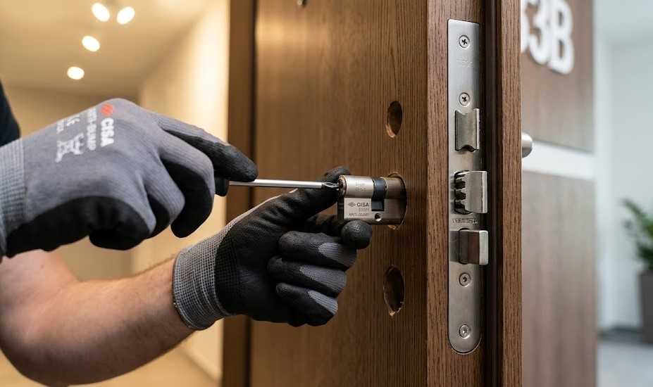 Cerrajero instalando cerradura anti-bumping en un piso de la zona de Pericot