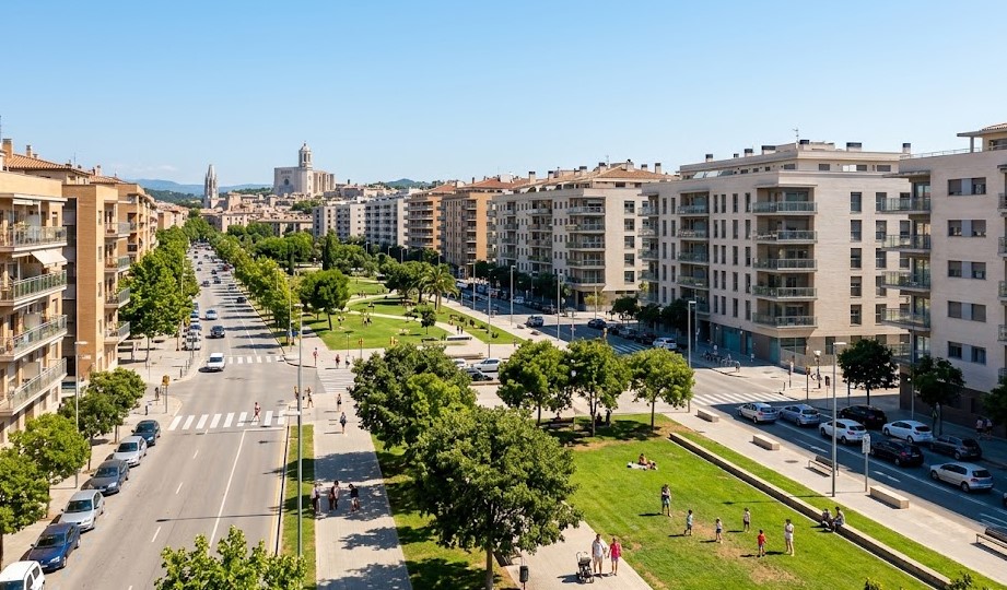Vista de los bloques residenciales modernos en el barrio de Pericot y Químics, Girona